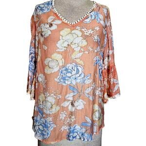 Peach Floral Sheer Blouse Size Small